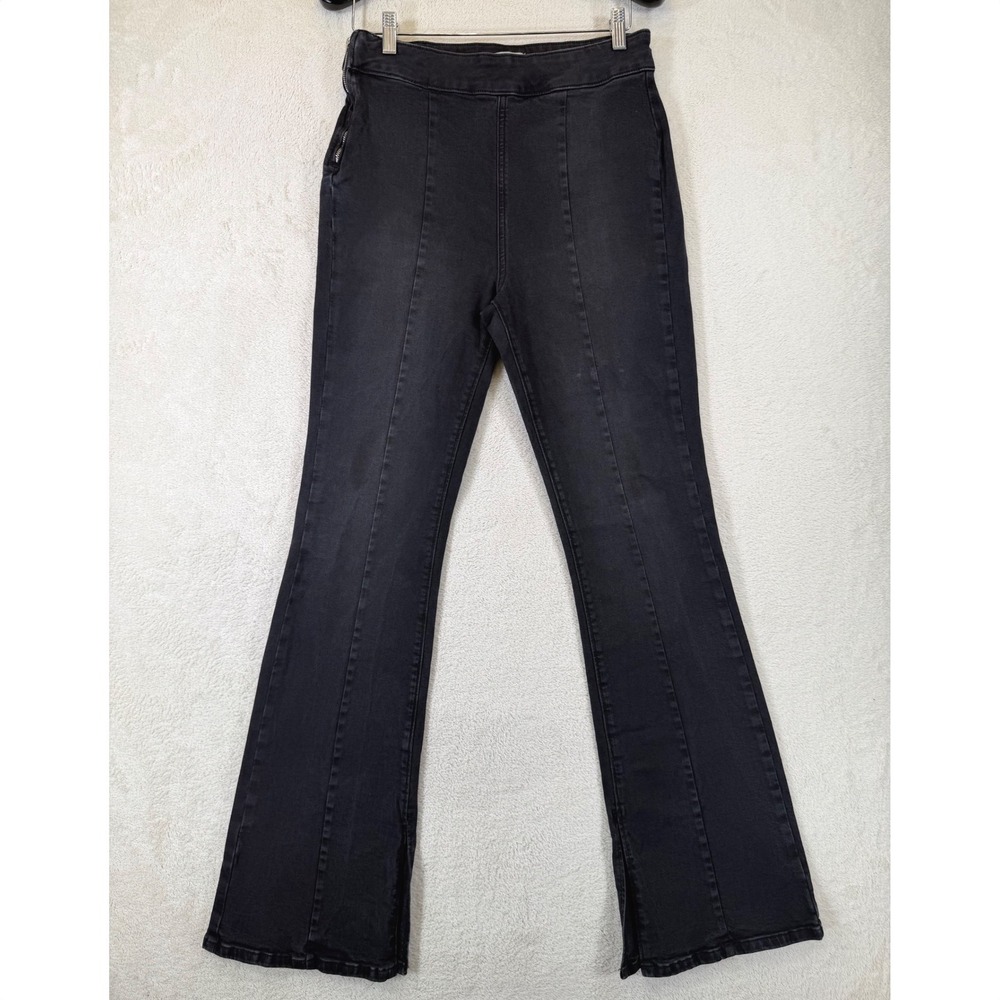 Forever 21 Premium Black Flare Jeans Side Zip Seam Front Slit Hem‎ Size 30